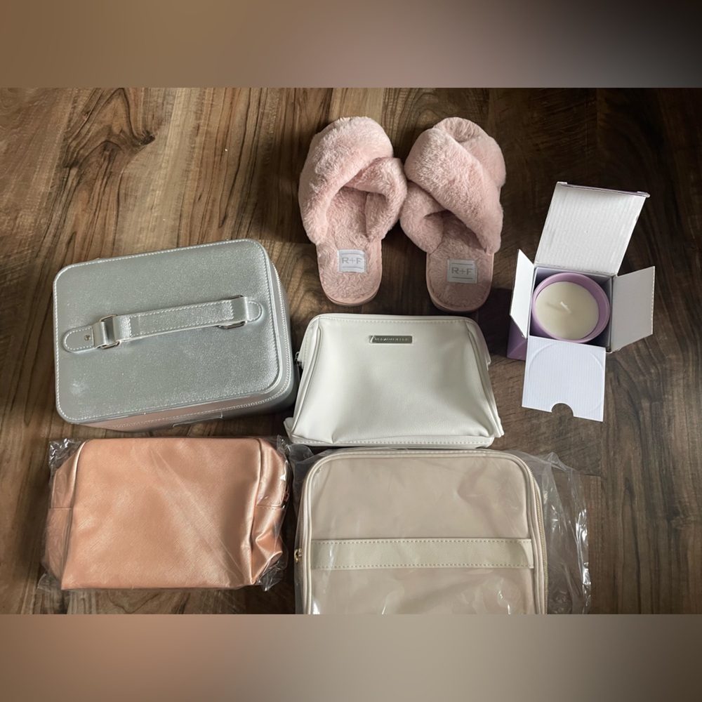 Rodan and Fields Pink Slippers m, Candle, and Assorted Cosmetic Bags Set